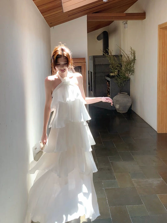 Halter Chiffon Ruffled Prom Dress Layered Wedding Dress  P1252