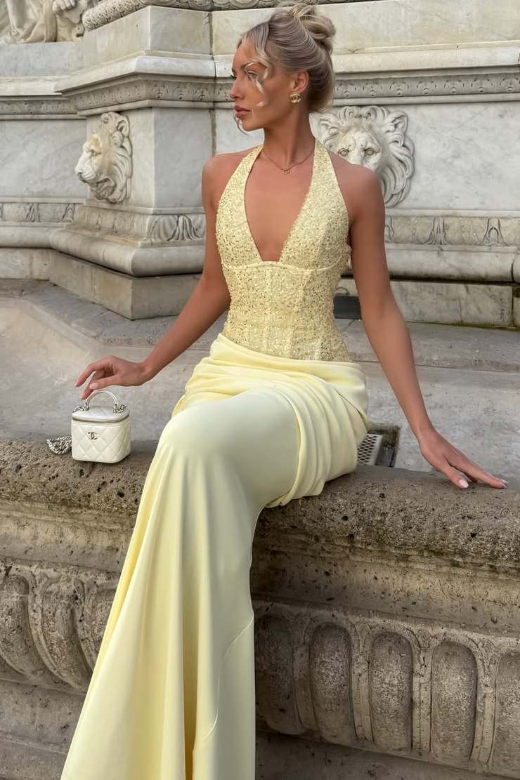 Halter Deep V-Neck Mermaid Satin Long Prom Dress  P2509