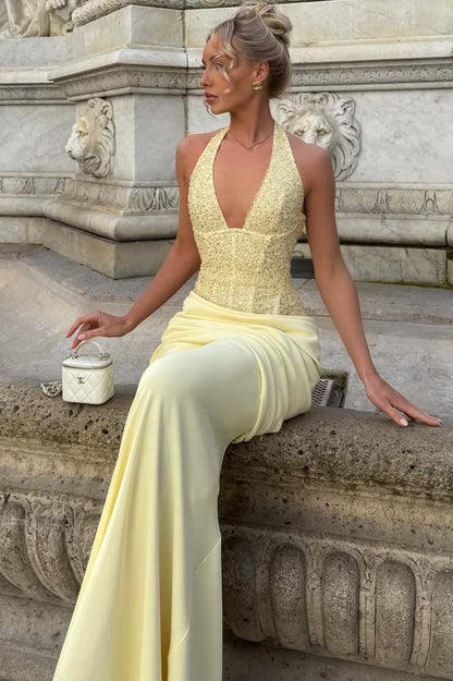 Halter Deep V-Neck Mermaid Satin Long Prom Dress  P2509