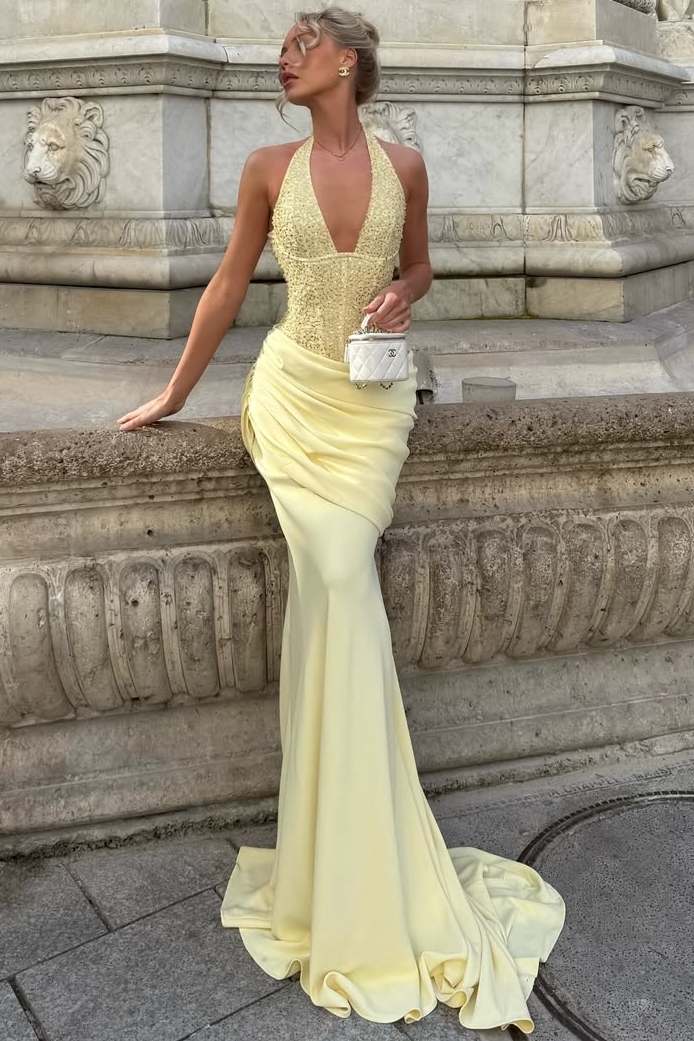 Halter Deep V-Neck Mermaid Satin Long Prom Dress  P2509