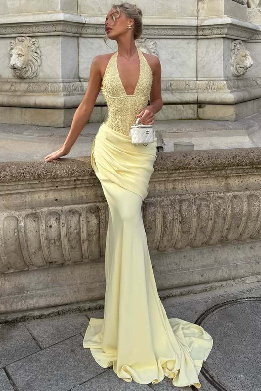 Halter Deep V-Neck Mermaid Satin Long Prom Dress  P2509