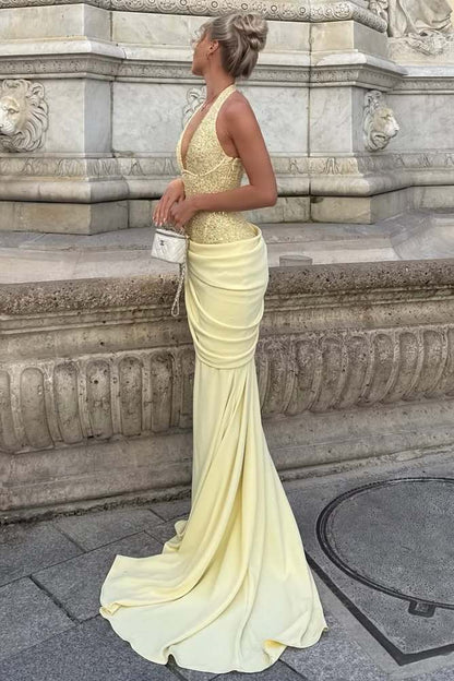 Halter Deep V-Neck Mermaid Satin Long Prom Dress  P2509