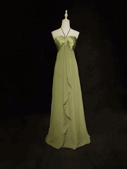 Halter Green Chiffon A Line Prom Dress Formal Wedding Guest Dress  P1088