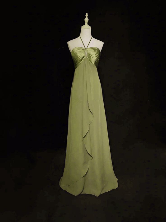 Halter Green Chiffon A Line Prom Dress Formal Wedding Guest Dress  P1088