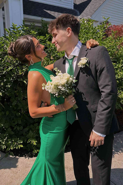 Halter Green Satin Mermaid Prom Dress Open Back Evening Gown  P2464