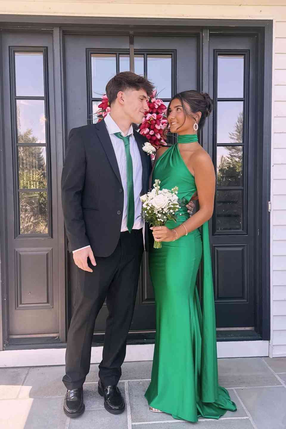 Halter Green Satin Mermaid Prom Dress Open Back Evening Gown  P2464