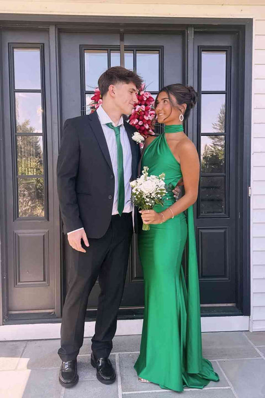 Halter Green Satin Mermaid Prom Dress Open Back Evening Gown  P2464