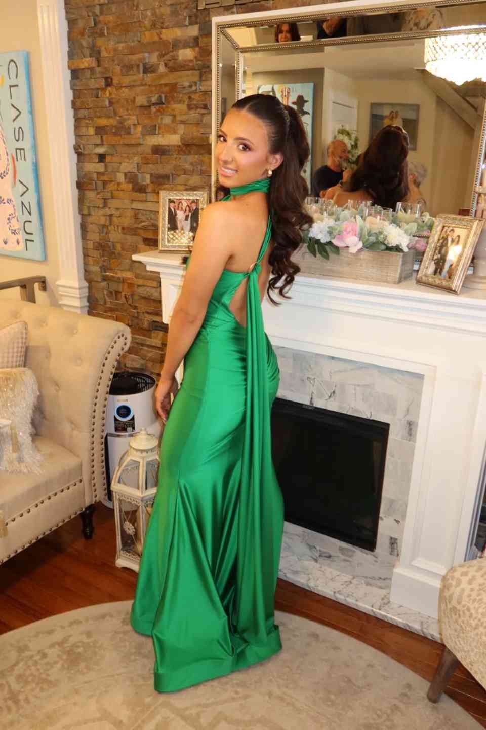 Halter Green Satin Mermaid Prom Dress Open Back Evening Gown  P2464
