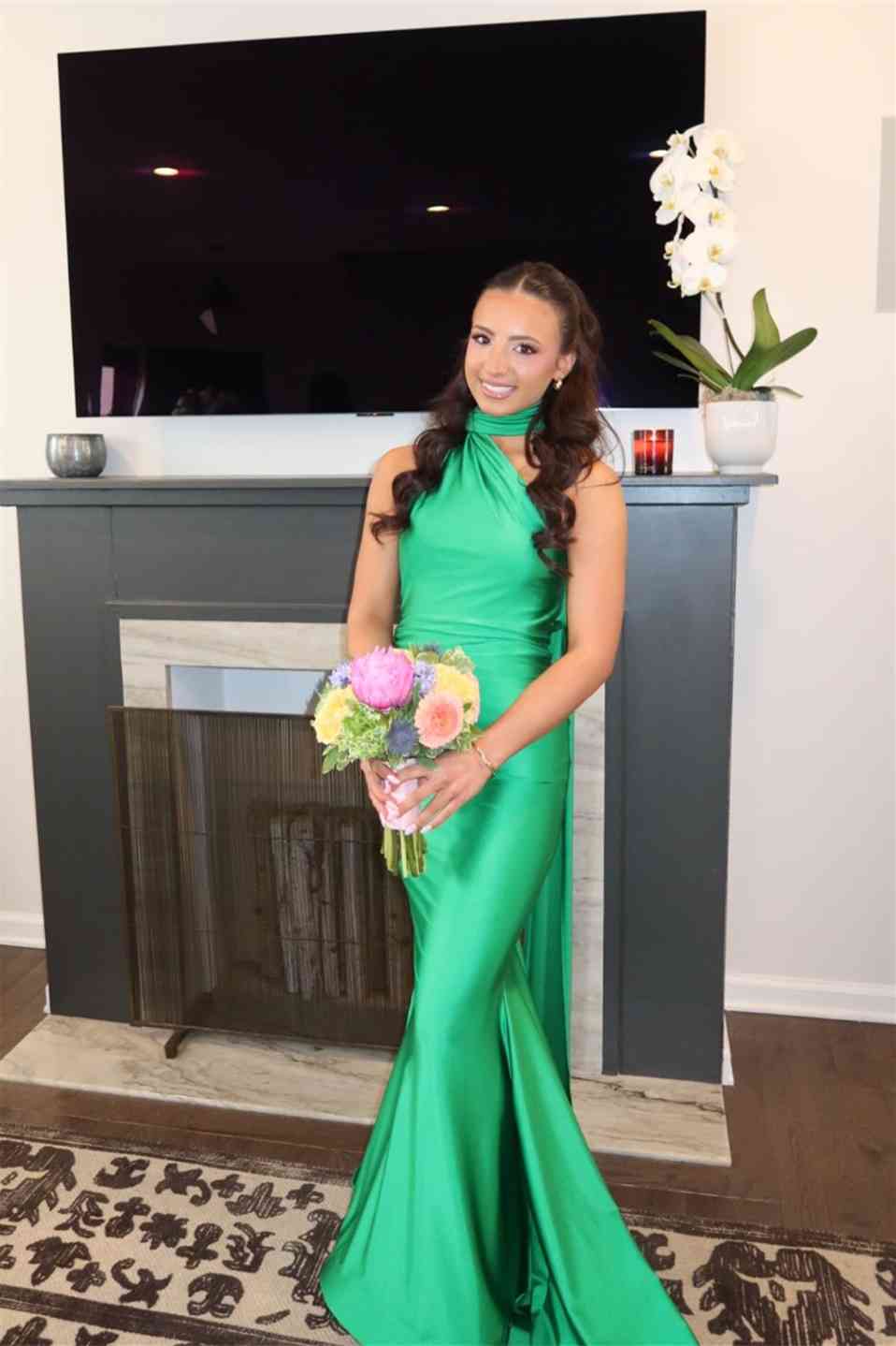 Halter Green Satin Mermaid Prom Dress Open Back Evening Gown  P2464