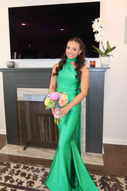 Halter Green Satin Mermaid Prom Dress Open Back Evening Gown  P2464