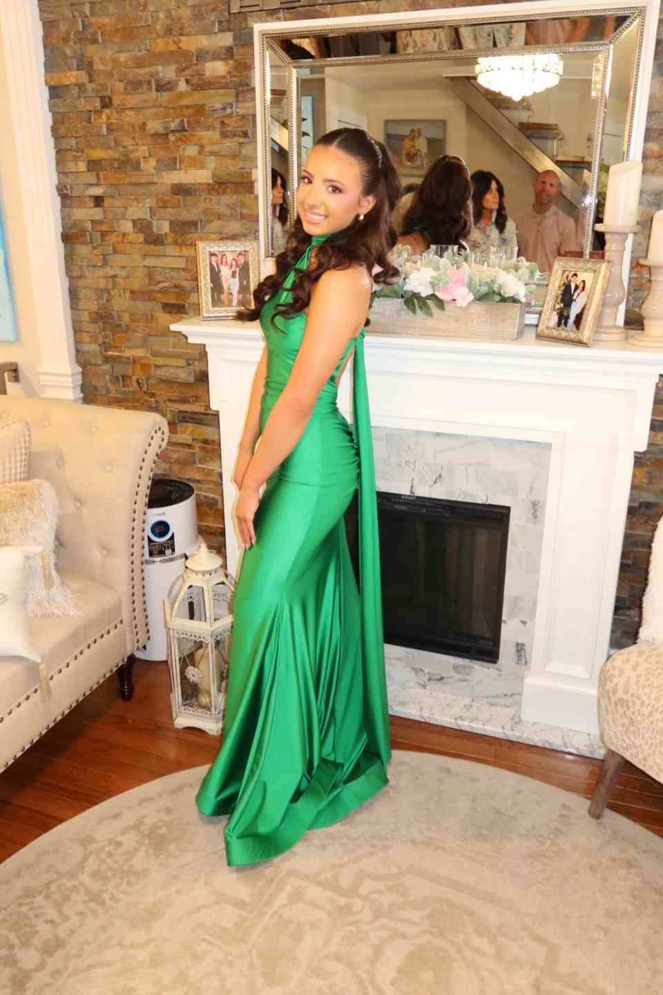Halter Green Satin Mermaid Prom Dress Open Back Evening Gown  P2464