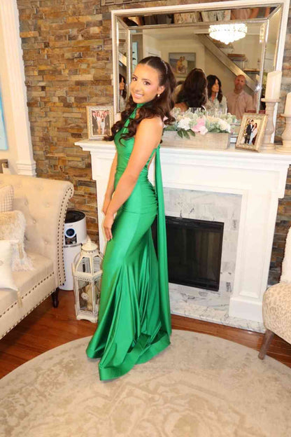 Halter Green Satin Mermaid Prom Dress Open Back Evening Gown  P2464