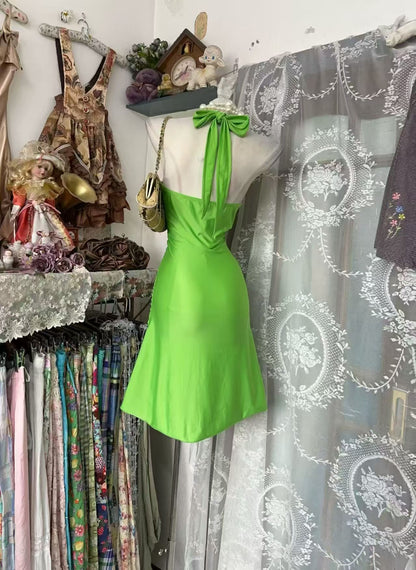 Halter Green Satin Short Homecoming Dress Birthday Dress  P2677