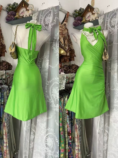 Halter Green Satin Short Homecoming Dress Birthday Dress  P2677