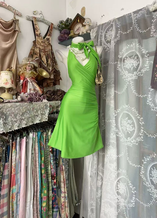 Halter Green Satin Short Homecoming Dress Birthday Dress  P2677