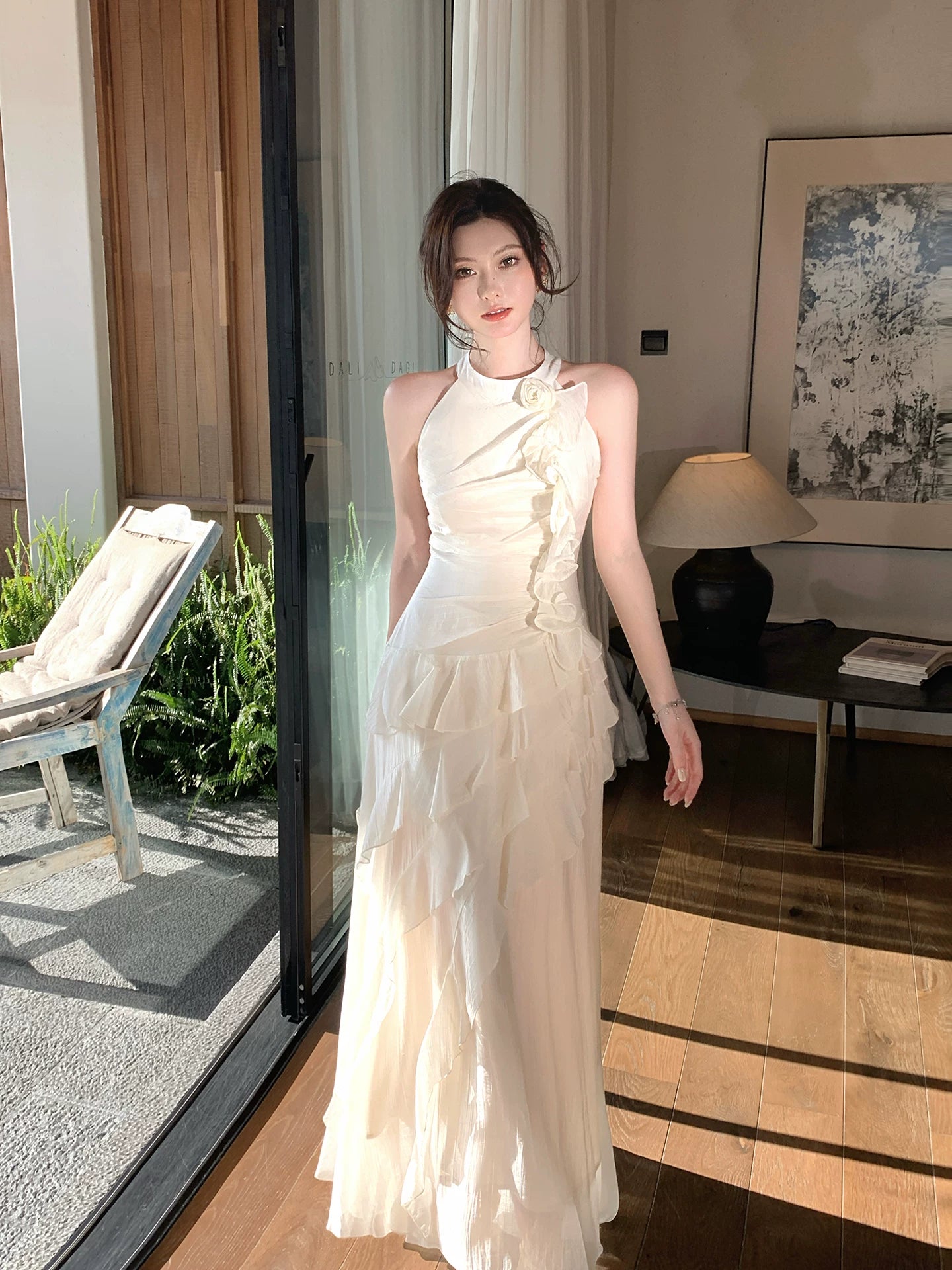 Halter Ivory Ruffled Evening Dress Elegant Wedding Dress  L102