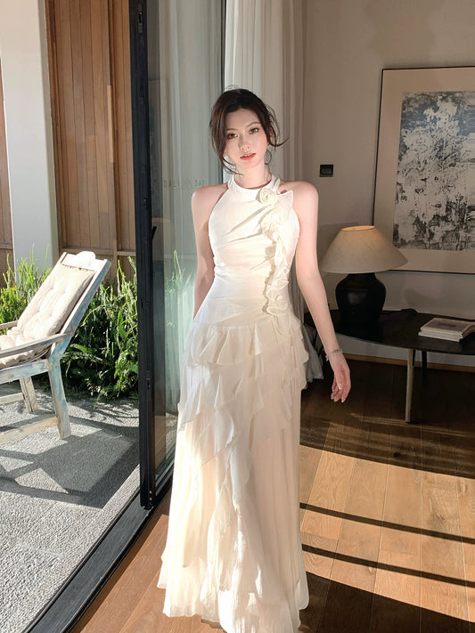 Halter Ivory Ruffled Evening Dress Elegant Wedding Dress  L102