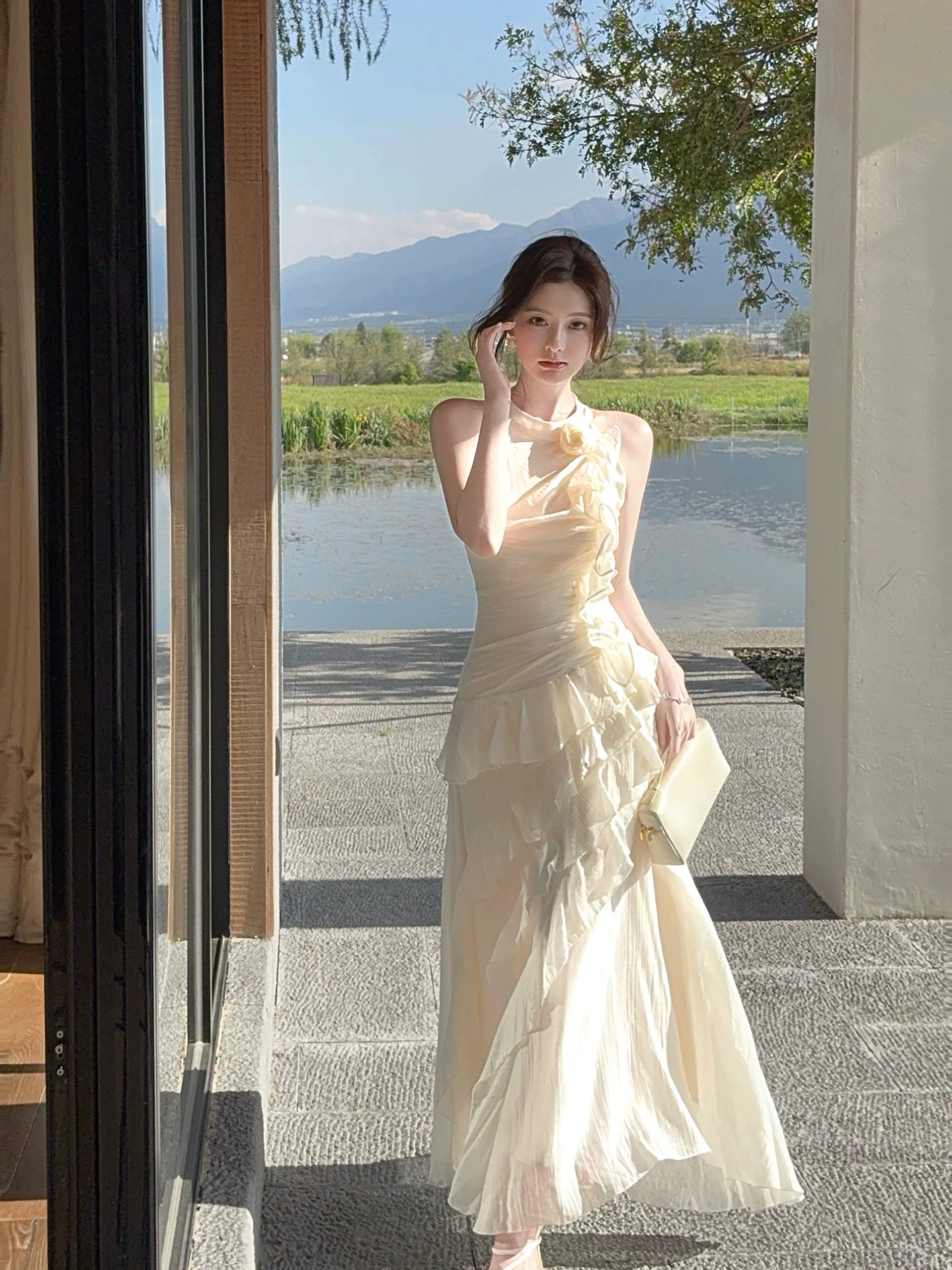 Halter Ivory Ruffled Evening Dress Elegant Wedding Dress  L102