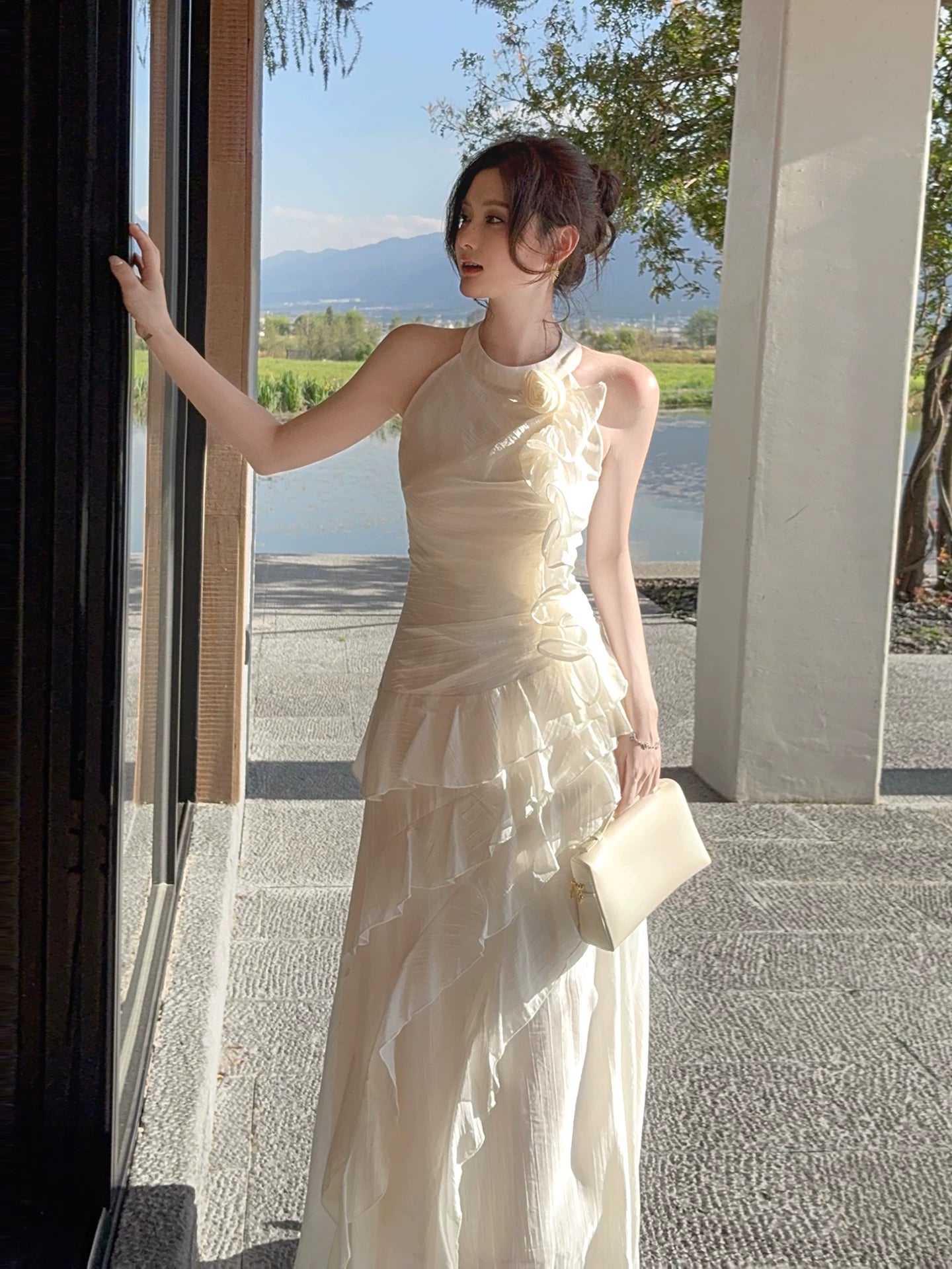 Halter Ivory Ruffled Evening Dress Elegant Wedding Dress  L102