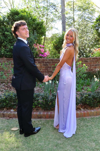 Halter Lilac Backless Long Prom Dress With Train  P2540