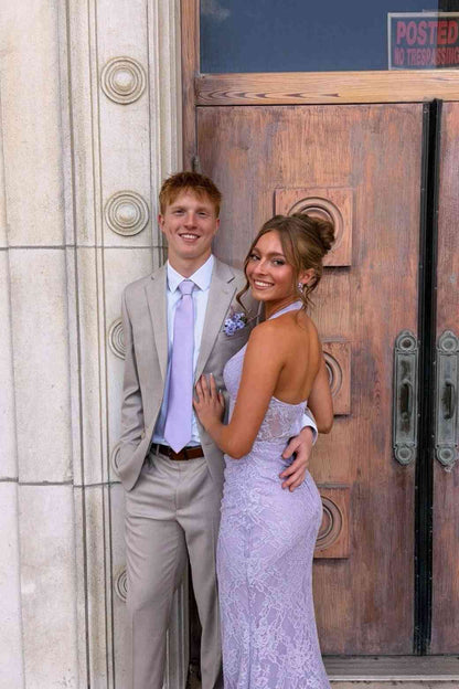 Halter Lilac Lace Mermaid Long Prom Dress With Slit  P2487