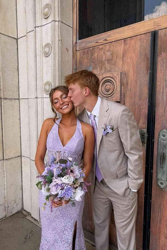 Halter Lilac Lace Mermaid Long Prom Dress With Slit  P2487