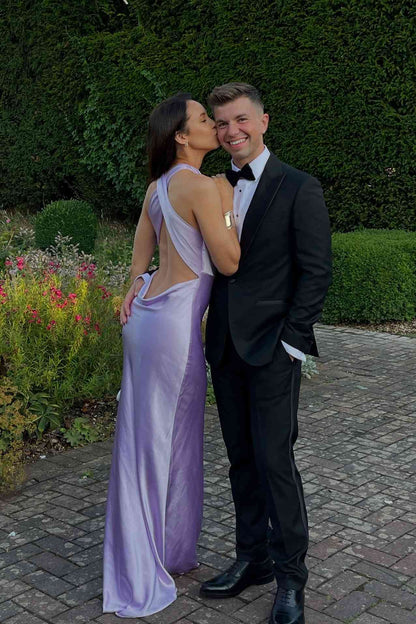 Halter Lilac Open Back Satin Long Formal Wedding Guest Dress  P2490