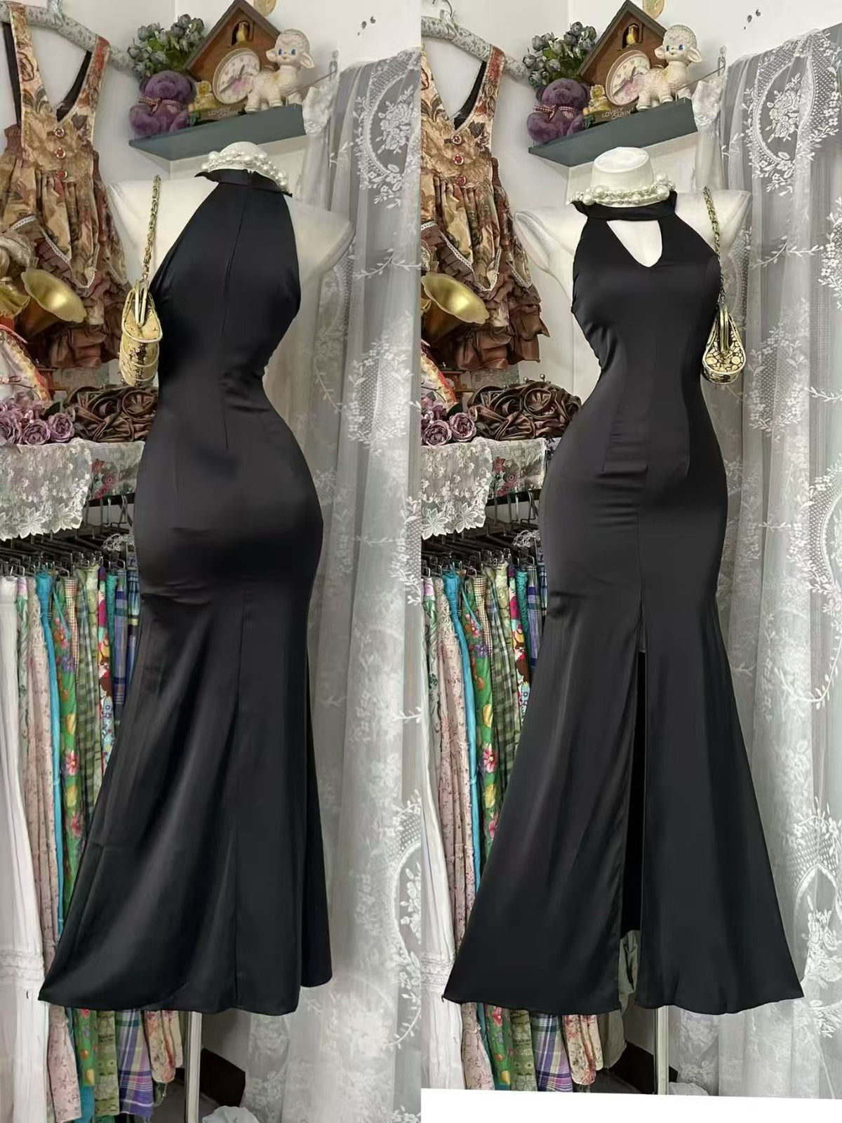 Halter Mermaid Black Evening Gown Satin Prom Dress  P2682