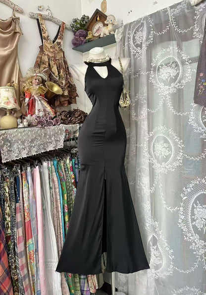 Halter Mermaid Black Evening Gown Satin Prom Dress  P2682
