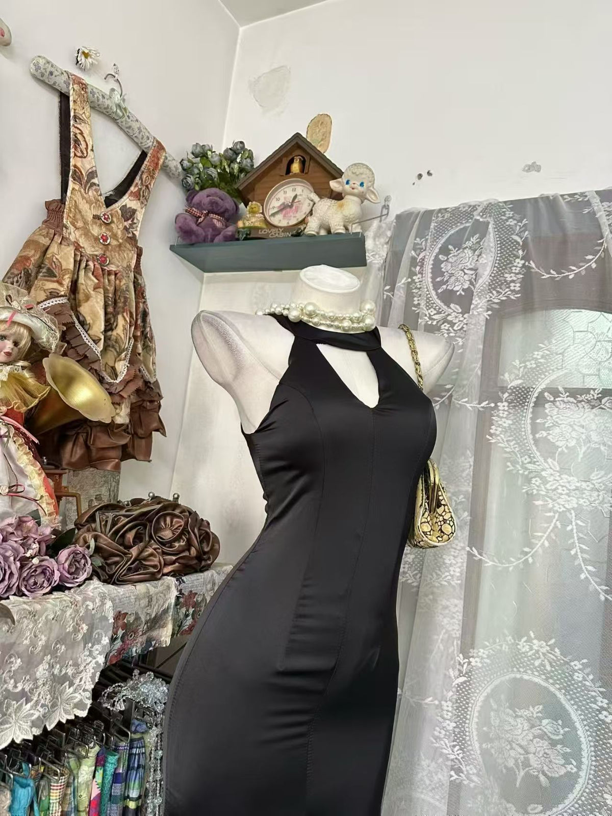 Halter Mermaid Black Evening Gown Satin Prom Dress  P2682