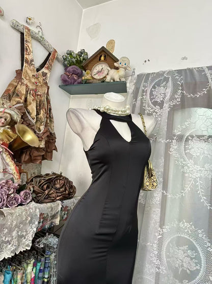 Halter Mermaid Black Evening Gown Satin Prom Dress  P2682