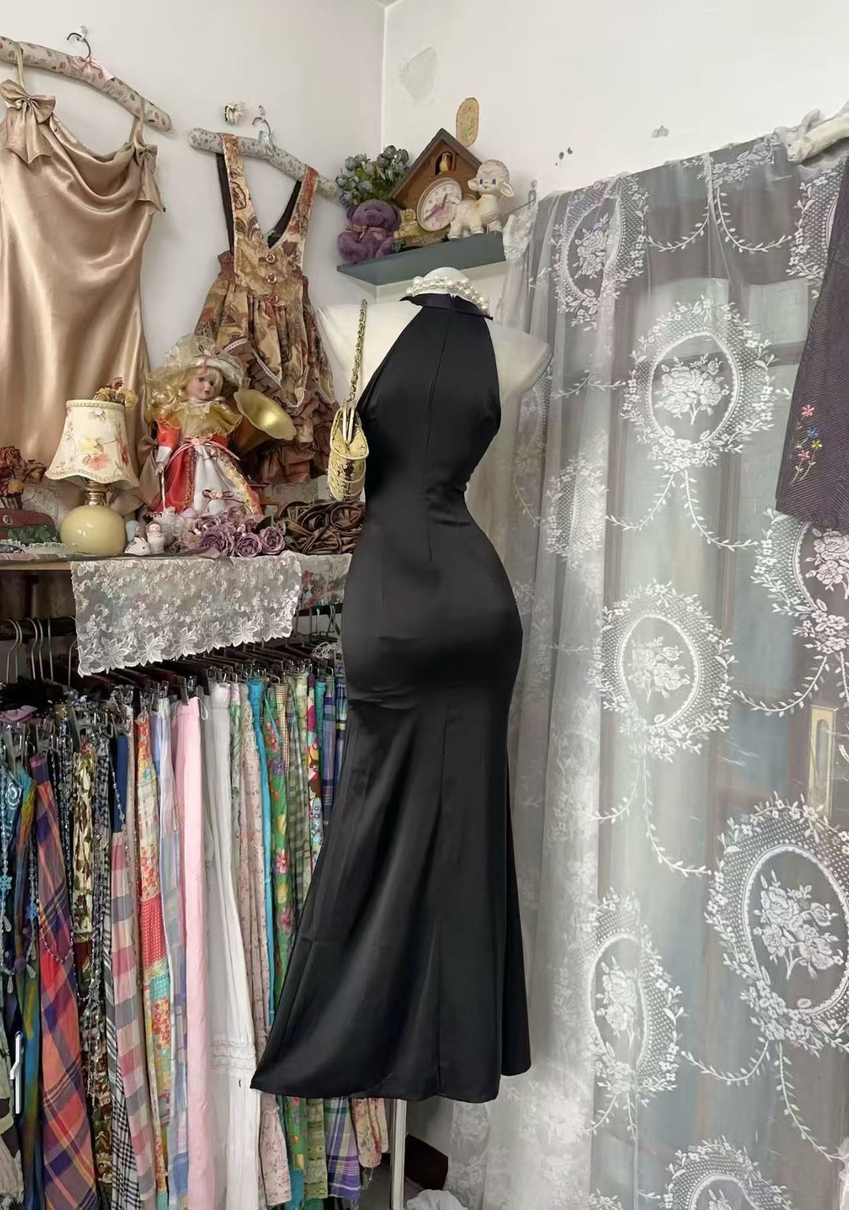 Halter Mermaid Black Evening Gown Satin Prom Dress  P2682