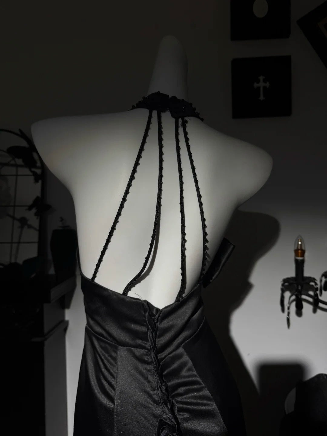Halter Mermaid Black Satin Evening Dress Open Back Prom Dress  P1796
