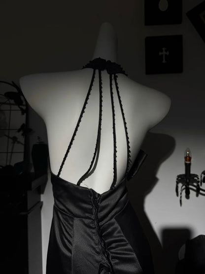 Halter Mermaid Black Satin Evening Dress Open Back Prom Dress  P1796