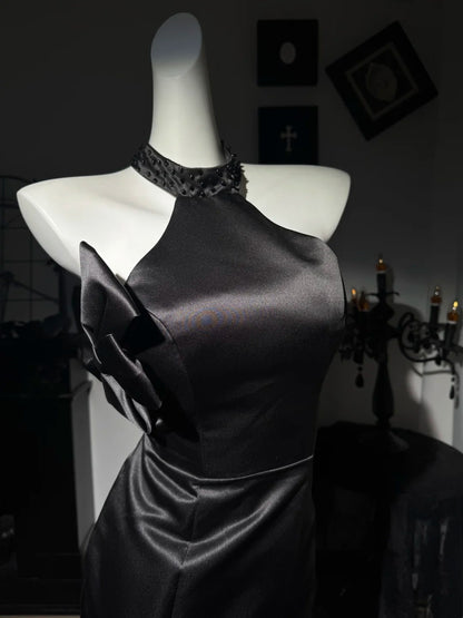 Halter Mermaid Black Satin Evening Dress Open Back Prom Dress  P1796