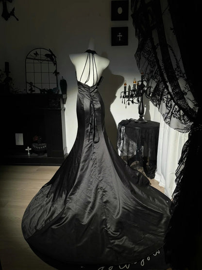 Halter Mermaid Black Satin Evening Dress Open Back Prom Dress  P1796