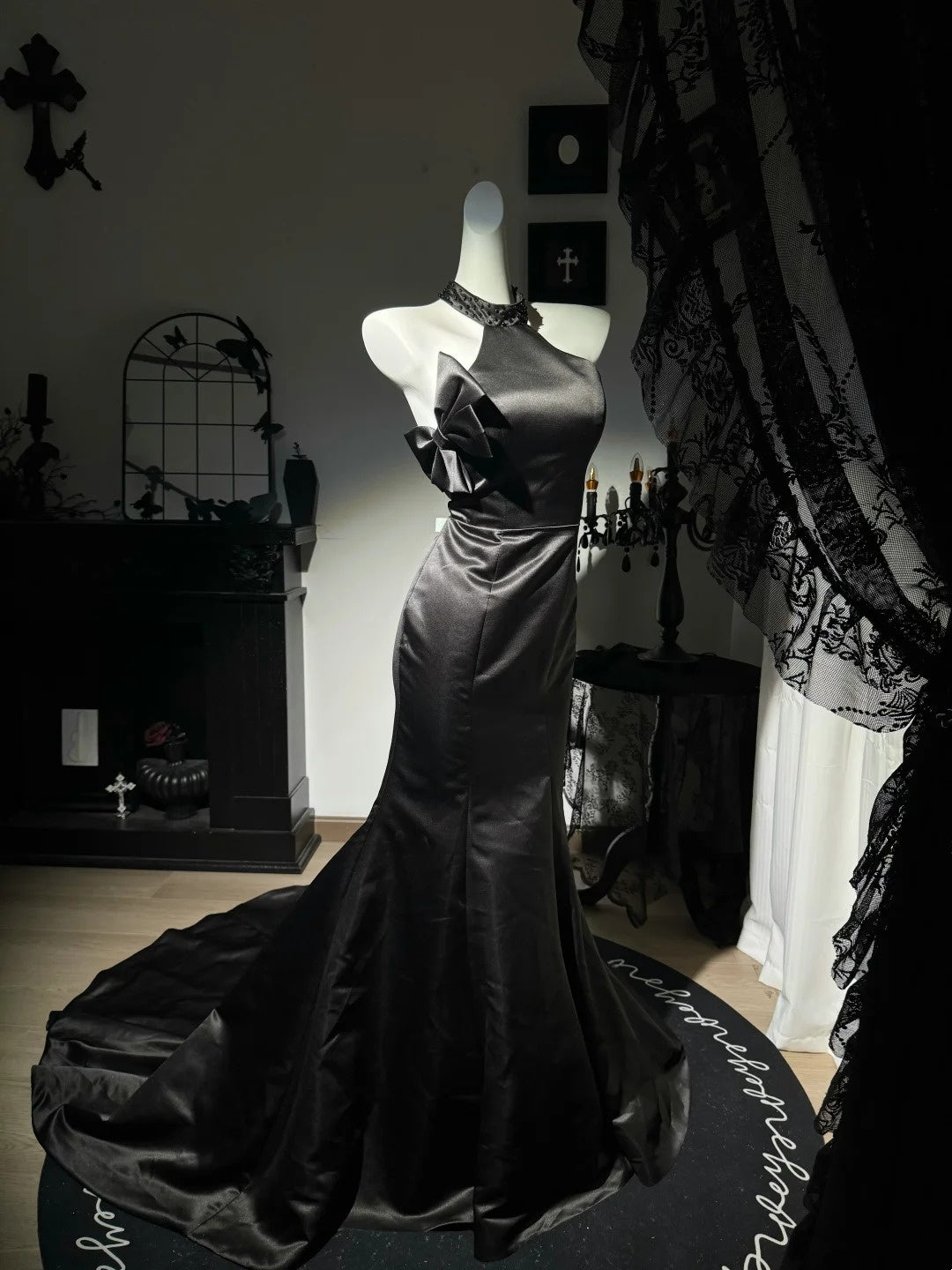 Halter Mermaid Black Satin Evening Dress Open Back Prom Dress  P1796