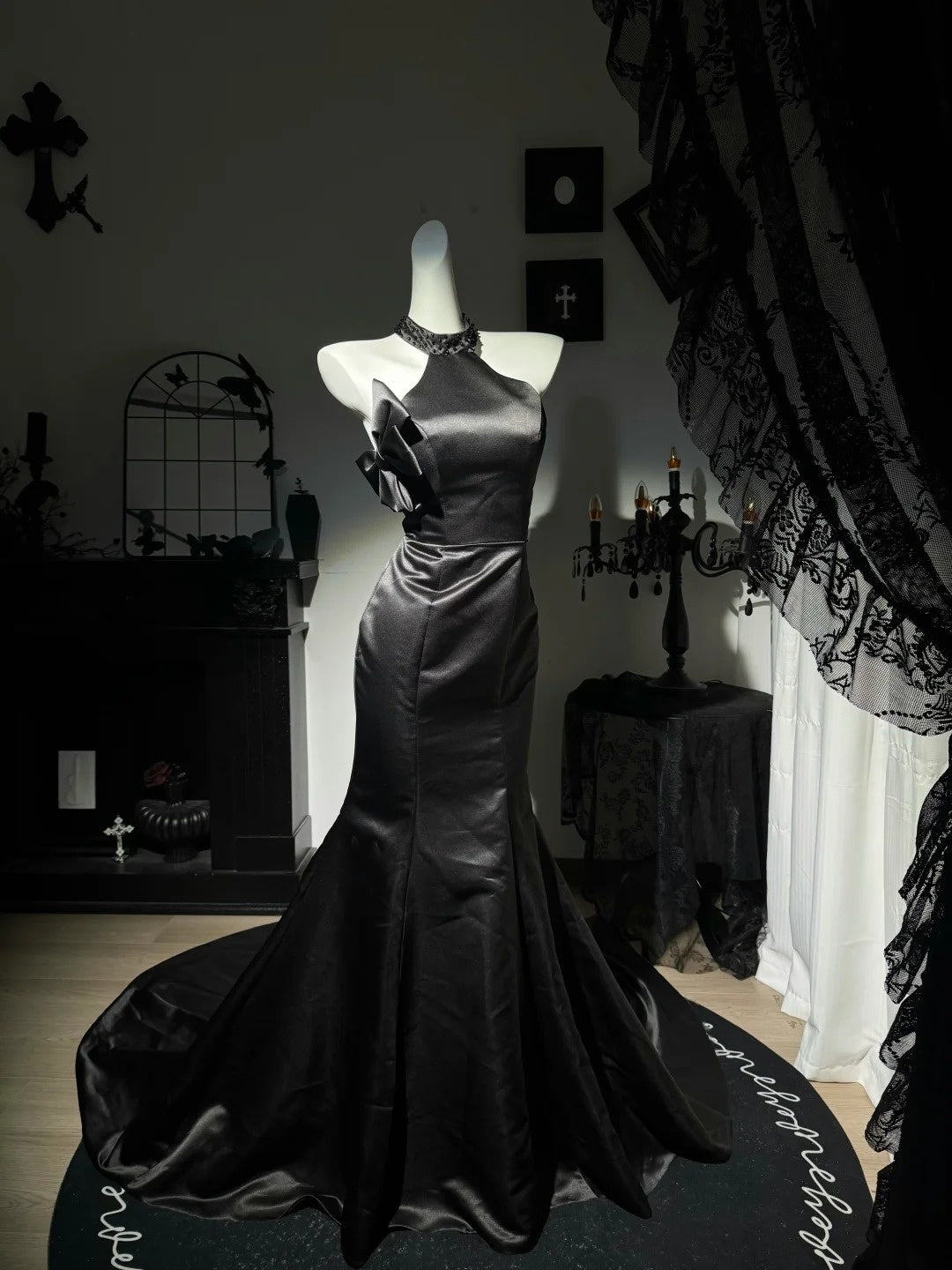 Halter Mermaid Black Satin Evening Dress Open Back Prom Dress  P1796