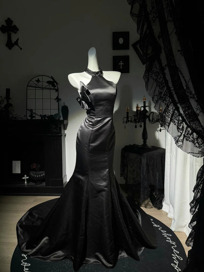 Halter Mermaid Black Satin Evening Dress Open Back Prom Dress  P1796