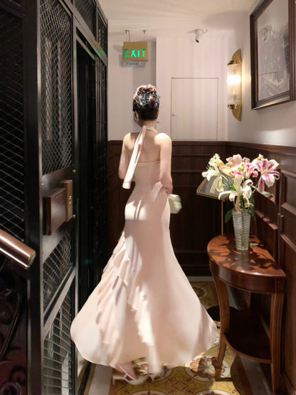 Halter Mermaid Chiffon Prom Dress Ruffled Formal Evening Gown   P748