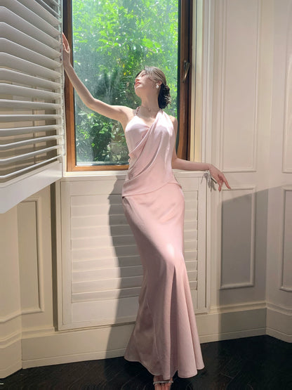 Halter Mermaid Pink Satin Prom Dress Elegant Evening Dress  P1625