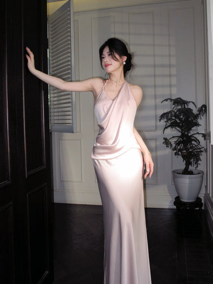 Halter Mermaid Pink Satin Prom Dress Elegant Evening Dress  P1625