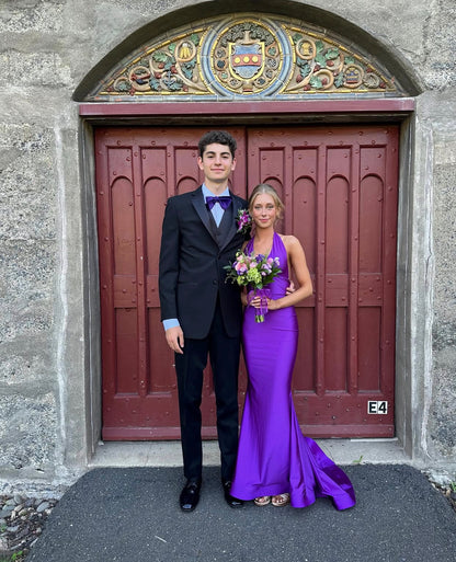 Halter Mermaid Purple Prom Dress Open Back Evening Gown  P1602