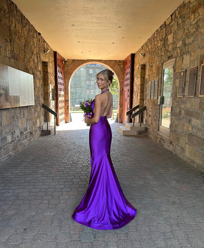 Halter Mermaid Purple Prom Dress Open Back Evening Gown  P1602