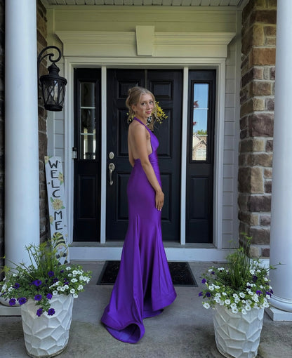 Halter Mermaid Purple Prom Dress Open Back Evening Gown  P1602