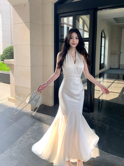 Halter Mermaid Sexy Satin Evening Dress  Formal Prom Dress  P1386