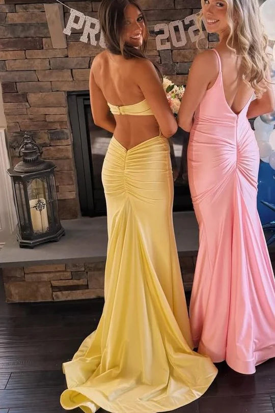 Halter Mermaid Yellow Satin Prom Dress Open Back Formal Evening Gown  P1144