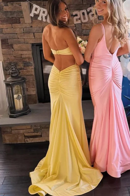 Halter Mermaid Yellow Satin Prom Dress Open Back Formal Evening Gown  P1144