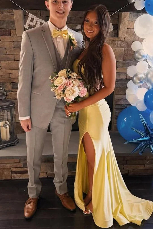 Halter Mermaid Yellow Satin Prom Dress Open Back Formal Evening Gown  P1144