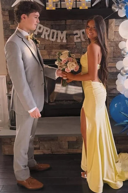 Halter Mermaid Yellow Satin Prom Dress Open Back Formal Evening Gown  P1144